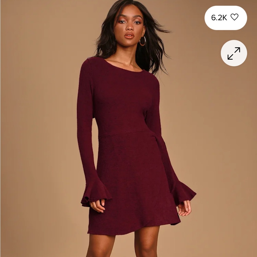Lulus Burgundy Faux Wrap Long Sleeve Sweater Dress